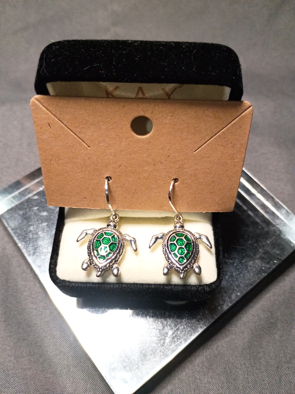 Silver Turtle Earrings with Green Enamel